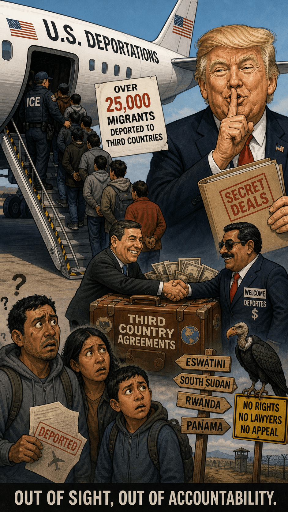 Political cartoon: US Deports Over 25,000 Migrants to Third Countries Under Secretive Agreements, Investigation Finds
