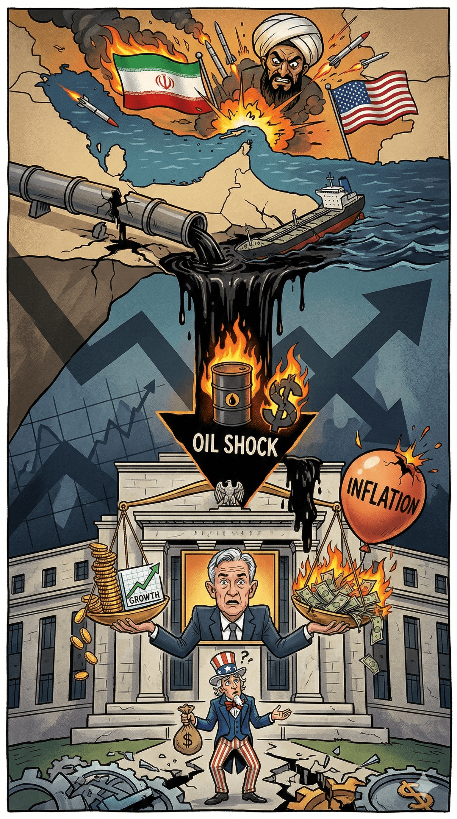 Political cartoon: US Economy Faces Fresh Uncertainty as Iran War Threatens Oil Shock and Fed Outlook