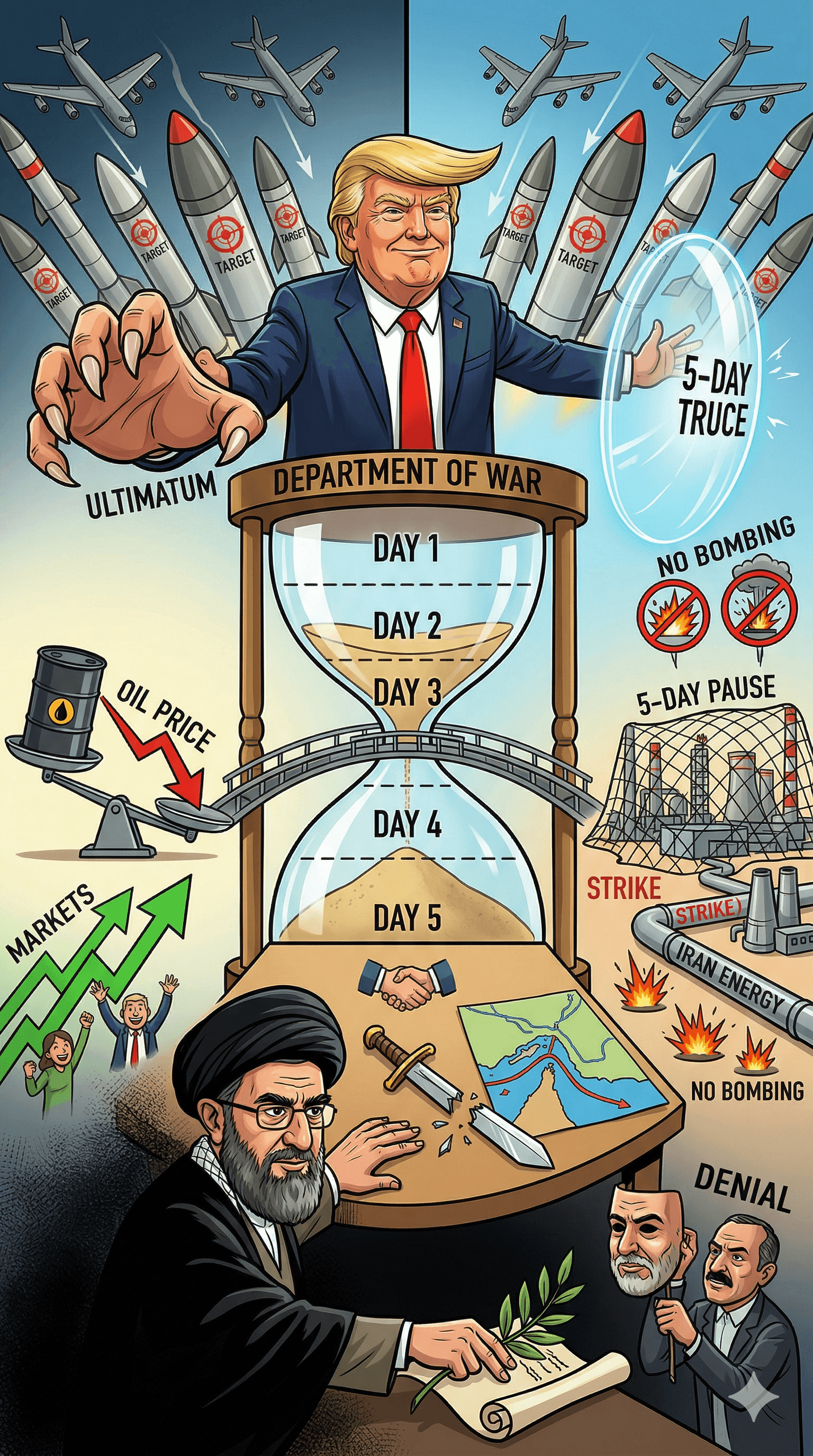 Political cartoon: US-Iran Conflict: Trump Declares 5-Day Energy Truce as Reports Emerge of Peace Talks with Mojtaba Khamenei