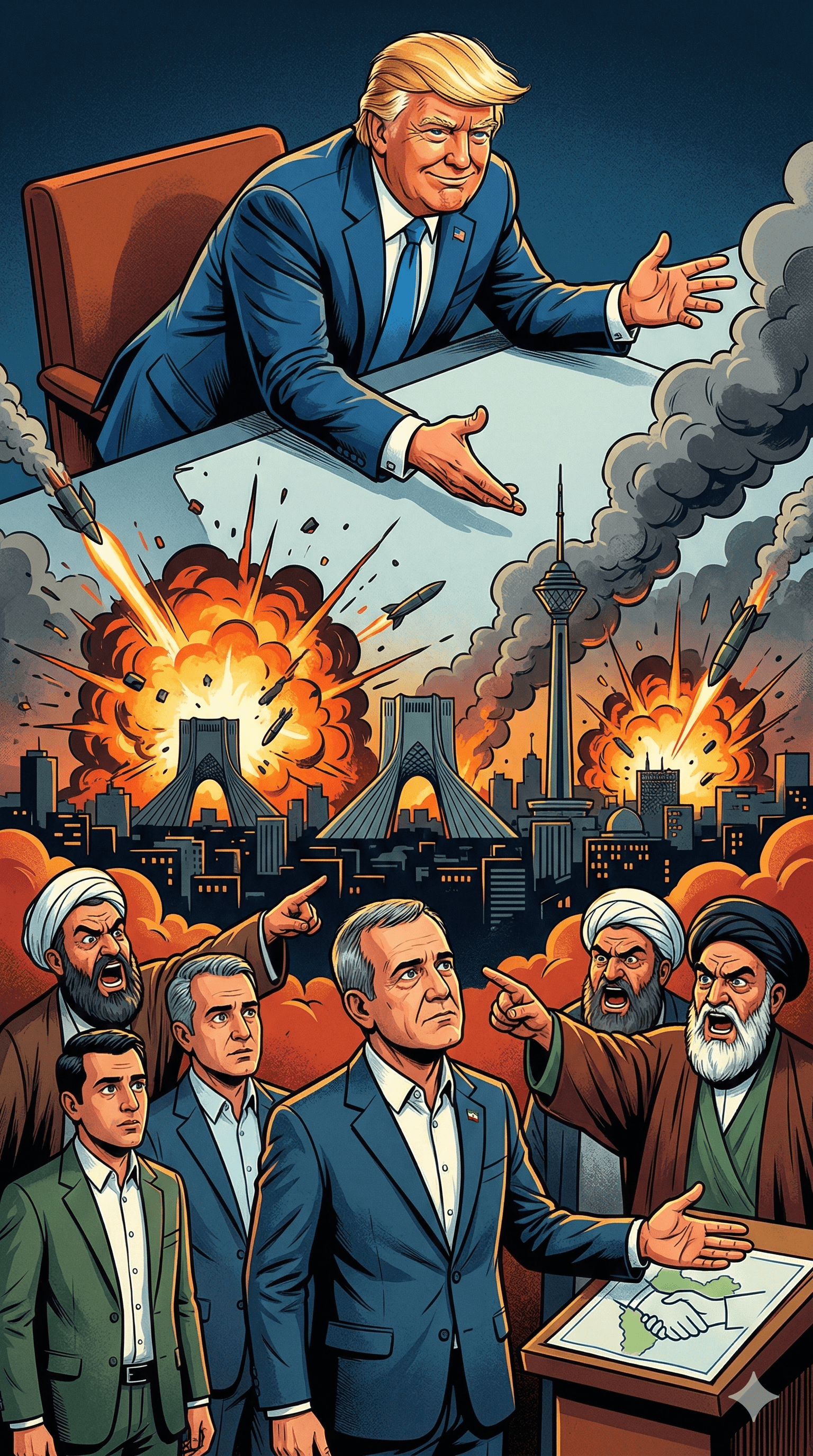 Political cartoon: US-Israel Strikes on Iran Live Updates: Blasts in Tehran as Trump Says 'Iran's New Leadership Wants to Talk'