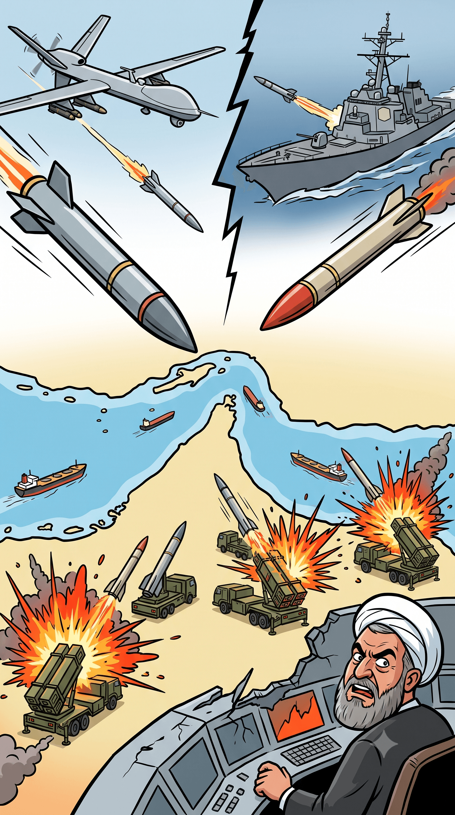 Political cartoon: US Launches Fresh Strikes on Iranian Missile Systems Around Strait of Hormuz Amid Escalating Conflict