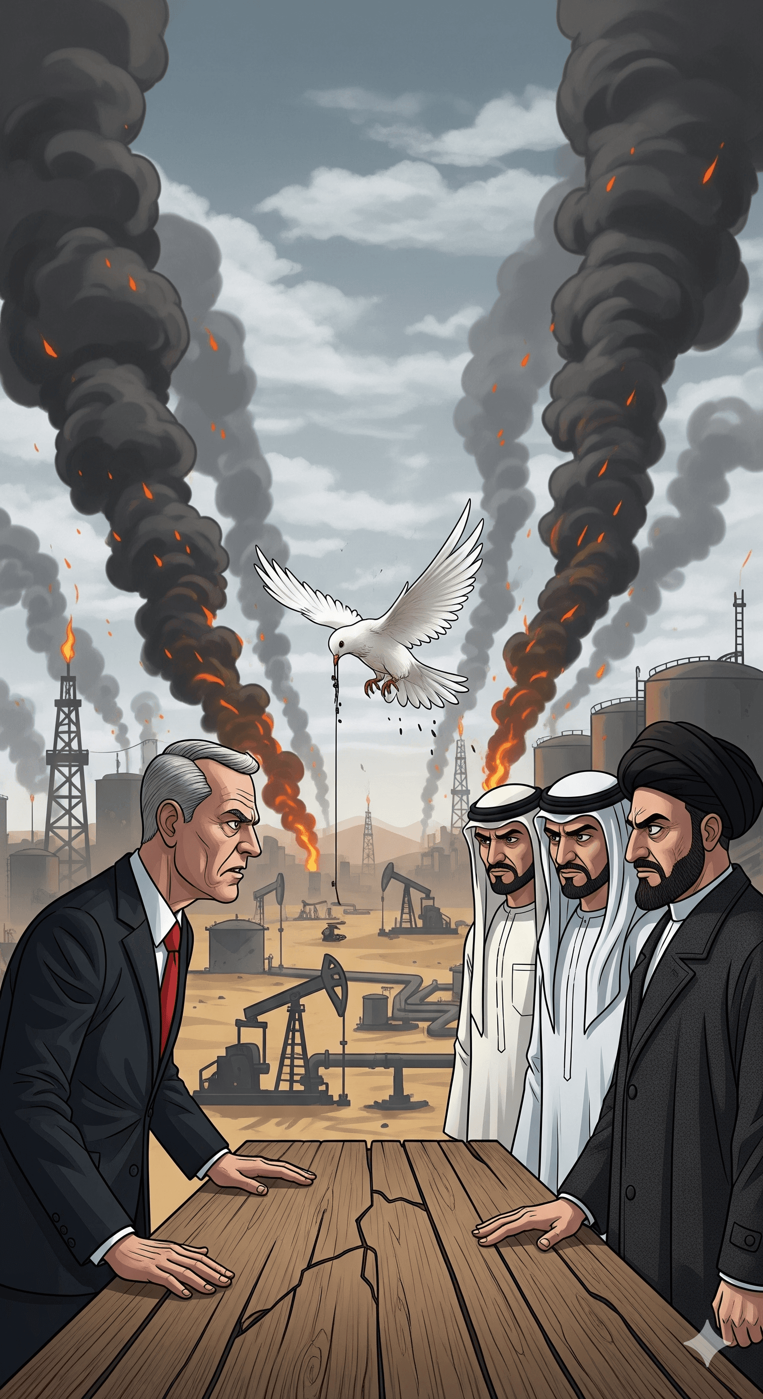 Political cartoon: US Seeks Rapid De-Escalation as Fresh Attacks Strike Gulf States and Iran