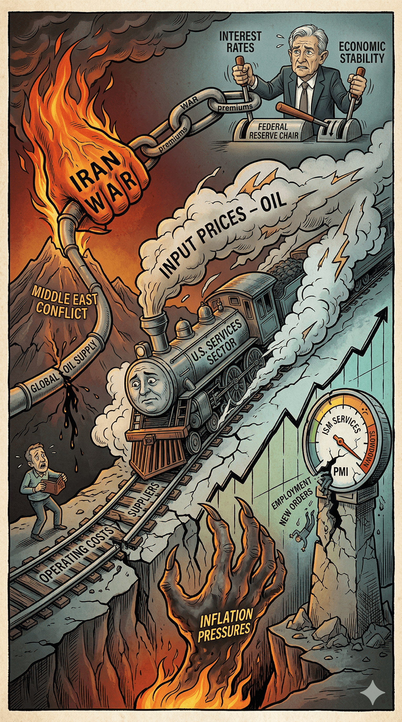 Political cartoon: US Services Sector Growth Slows in March as Iran Conflict Ignites Inflationary Pressures