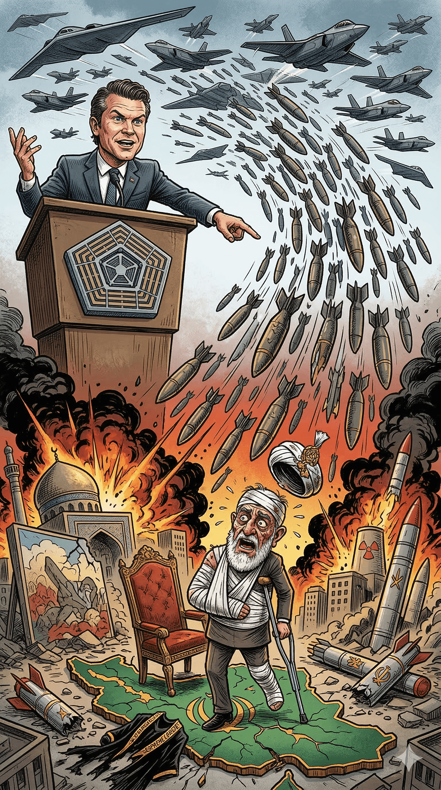 Political cartoon: US Unleashes 'Most Intense' Strikes on Iran; Hegseth Claims New Supreme Leader Mojtaba Khamenei is Wounded