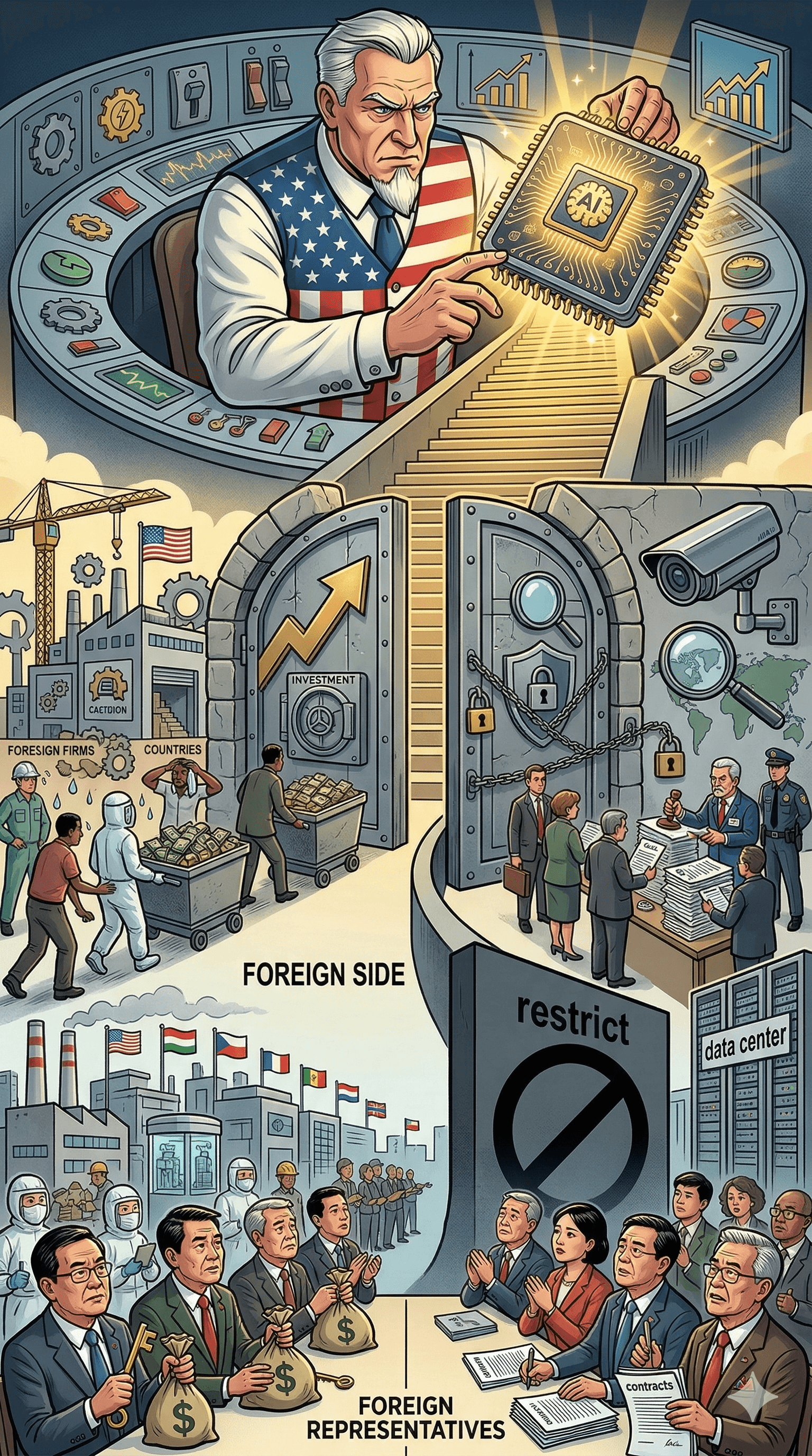 Political cartoon: US Weighs New AI Chip Export Rules: Foreign Buyers May Face Domestic Investment Mandates