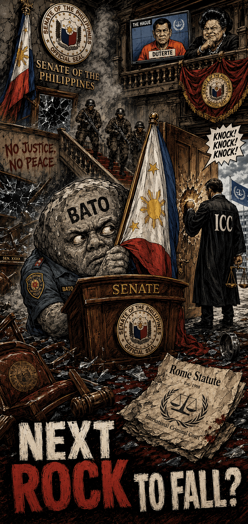 Political cartoon: When Democracy Shoots Itself: Gunfire Erupts in the Philippine Senate as ICC Closes In
