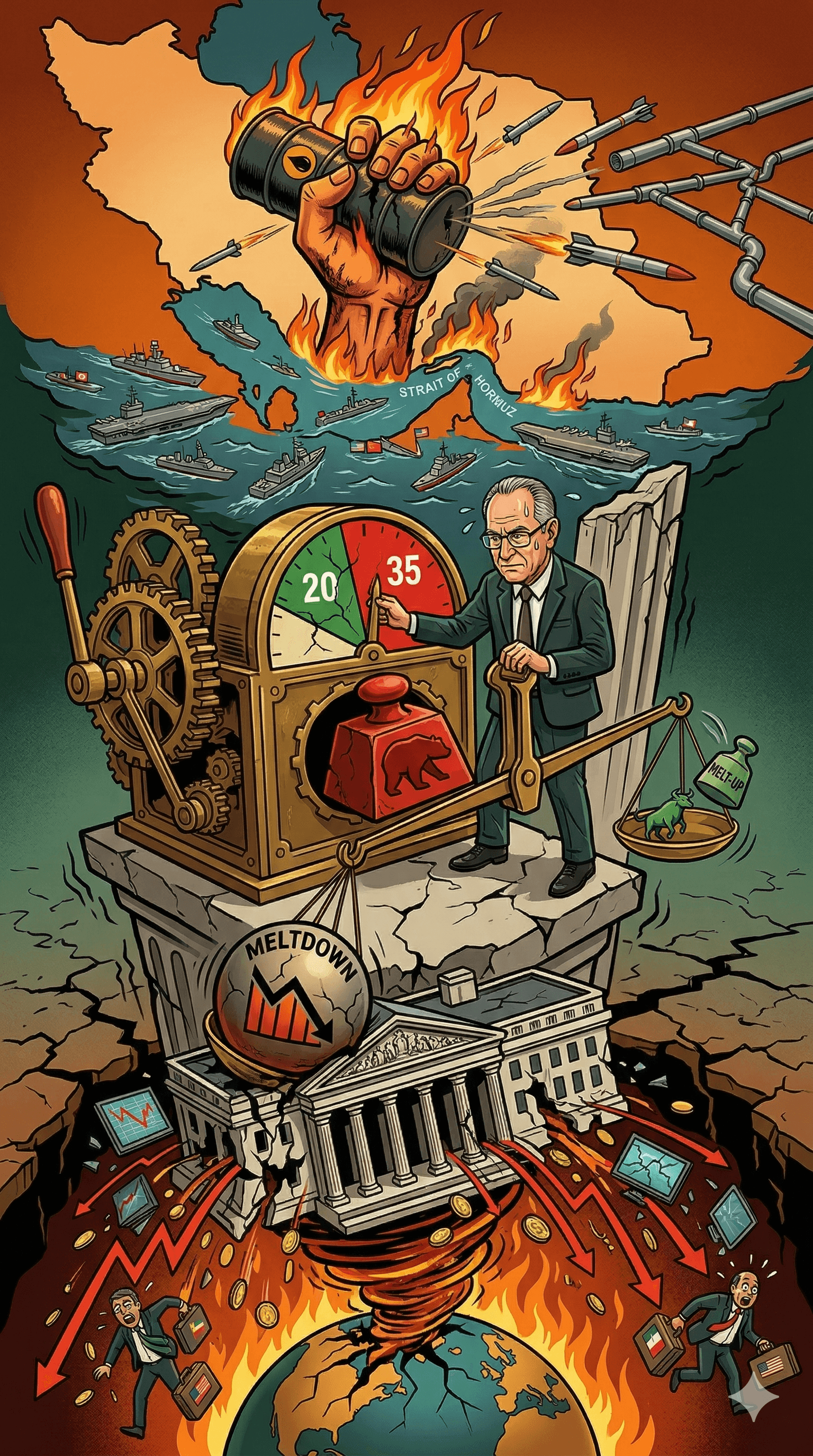 Political cartoon: Yardeni Raises Odds of Market Meltdown to 35% as Iran War Risks Rattle Global Investors