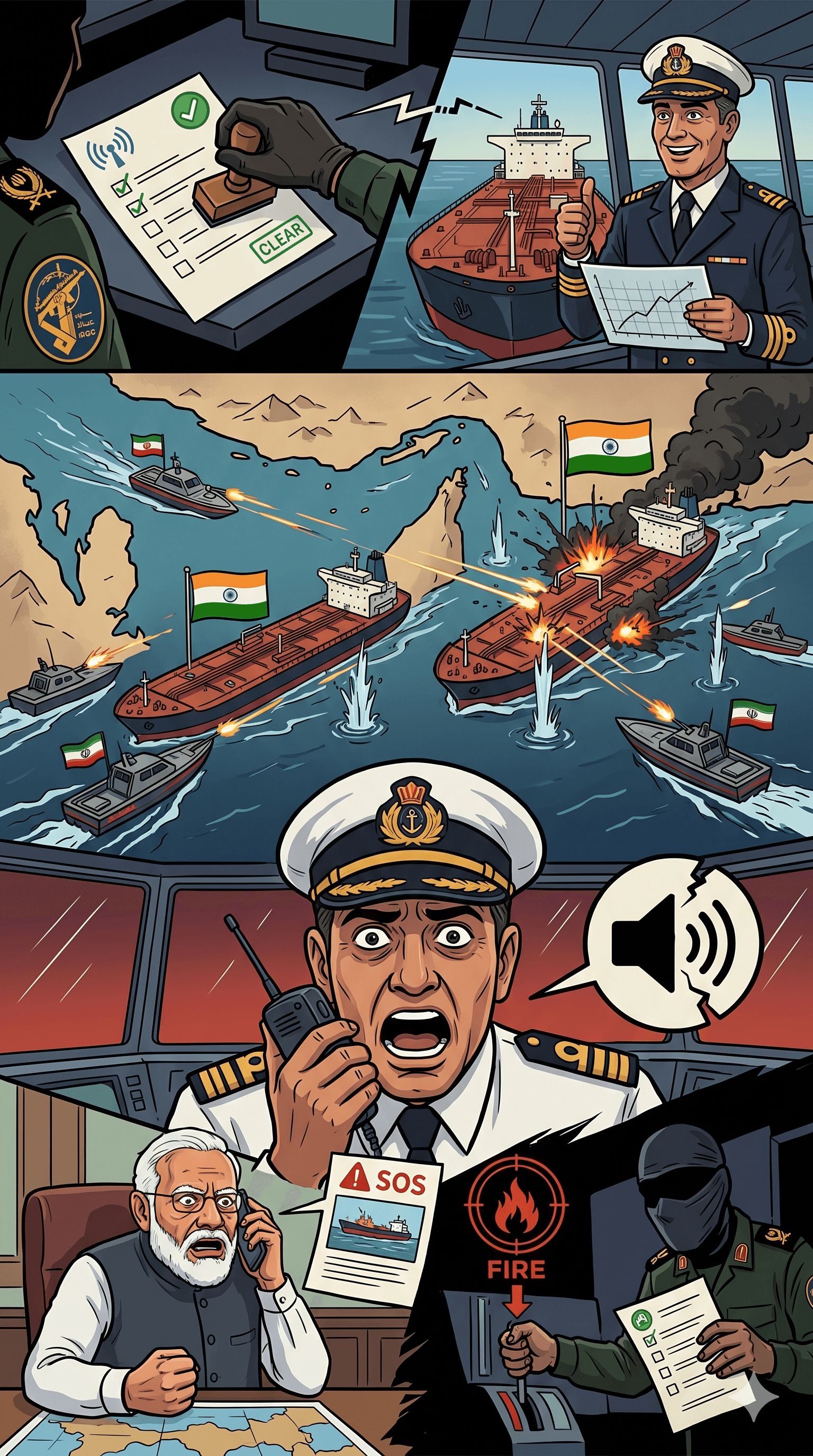 Political cartoon: 'You Gave Me Clearance, You Are Firing Now': Audio Reveals Chaos as Iran Navy Targets Indian Tankers